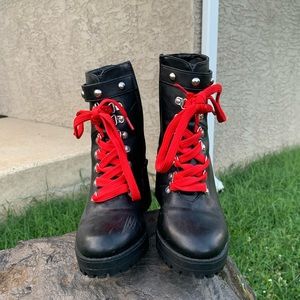 Forever 21* Red lace up black chunky heeled boots